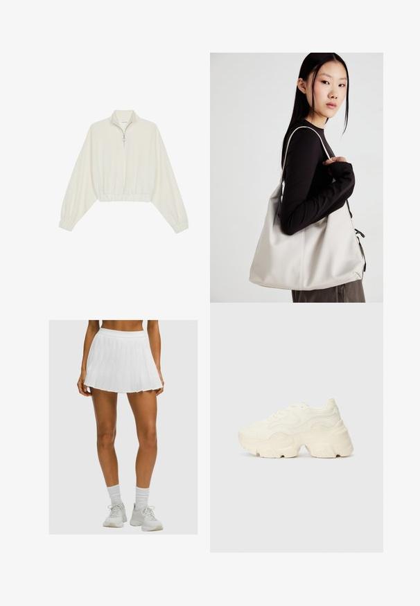 Pulover scurt din stofă crem, cu guler înalt, închidere cu fermoar pe jumătate, elastic la margini și la manșete, cu o textură netedă și un design minimalist.; Picioare bronzate purtând o fustă de tenis albă plisată, șosete albe până la glezne și adidași albi pe un fundal simplu.; Tenisi albi voluminoși, fabricați din plasă texturată și materiale sintetice, cu o talpă groasă și detalii de model intricate pe laturi.; Geantă bej din material moale, cu un design lejer, detalii cusute și două bretele pentru umăr. Potrivită pentru utilizarea zilnică.