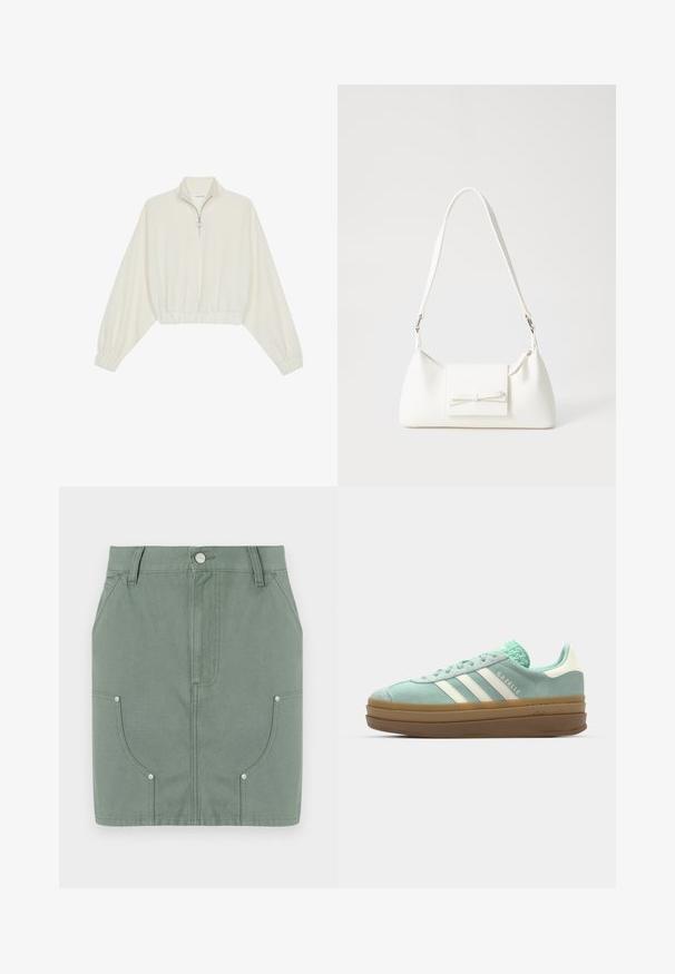 Krém színű, rövidített pulóver, magas gallérral, félig cipzáros záródással, elasztikus derék- és ujjakrésszel, sima textúrával és minimalista dizájnnal.; Zöld pamut szoknya testre szabott dizájnnal, elülső zsebekkel, sima textúrával és fém díszítésekkel a zsebeknél.; adidas Originals GAZELLE BOLD - Sportcipő - ash green/off white; Fehér szintetikus kézitáska, háromszög alakú, lapos előlap, masni részlettel, állítható pánttal, sima textúrával és minimalista dizájnnal.