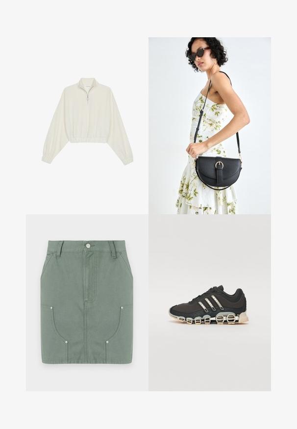 Skraćeni pulover od kremastog materijala, s visokim ovratnikom, zatvaranjem na polovicu munje, elastičnim rubom i manžetama, s glatkom teksturom i minimalnim dizajnom.; Zelena pamučna suknja s prilagođenim dizajnom, s prednjim džepovima, glatkom teksturom i metalnim detaljima na džepovima.; Crne atletske tenisice s teksturiranim gornjim dijelom, tri srebrne pruge i posebnim potplatom s višestrukim integriranim sekcijama.; Crna kožna torba s lukovitim oblikom, odvojivim remenom i zlatnim detaljima. Torba ima preklop s kopčom.