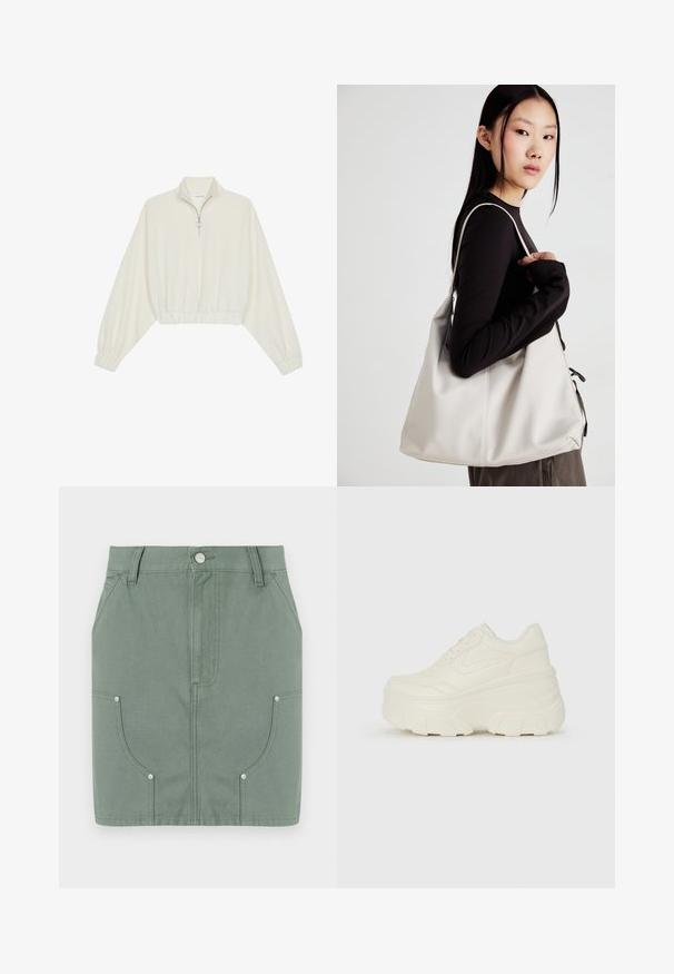 Kratka pulover v kremnem blagu, z visokim ovratnikom, pol-zadrgo, elastičnim robom in manšetami, z gladko teksturo in minimalističnim oblikovanjem.; Zelena bombažna krila s prilagojeno obliko, ki imajo sprednje žepke, gladko teksturo in kovinske zaključke na žepih.; Bele platformske tene z belim zgornjim delom, ki spominja na usnje, okroglo obliko, oblazinjen ovratnik ter gumo z teksturo na podplatu z izrazitimi profili.; Bežna torbica iz mehkega materiala, z ohlapno zasnovo, šivi in dvema naramnicama. Primerna za vsakodnevno uporabo.