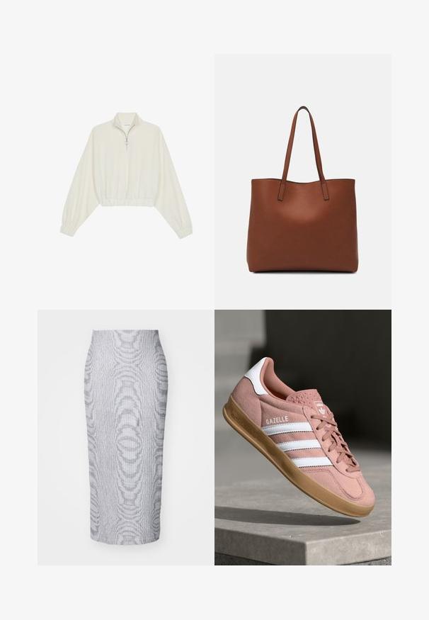 Krém színű, rövidített pulóver, magas gallérral, félig cipzáros záródással, elasztikus derék- és ujjakrésszel, sima textúrával és minimalista dizájnnal.; Szürke, bordázott midi szoknya, amely testhezálló szabású, texturált mintázattal és egy kényelmes, egyszínű derékrésszel rendelkezik.; Rózsaszín velúr sportcipő fehér csíkokkal, gumitalppal, textúrált felsőrésszel és logóval a nyelvén. Klasszikus alacsony fazon.; Barna bőr vászontáska sima textúrával, nyitott tetejű dizájnnal és két vállpánttal. Minimális varrással és látható hardver nélkül készült.