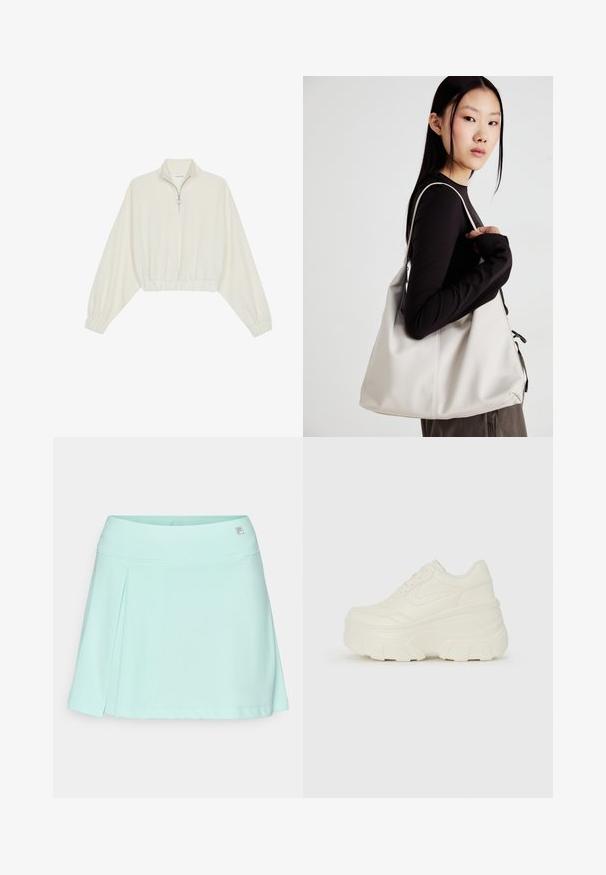 Sudadera cropped en tejido crema, con cuello alto, cierre de media cremallera, dobladillo y puños elásticos, con una textura suave y un diseño minimalista.; Skort verde menta fabricado con una tela suave, con una cinturilla ajustada y un diseño con pliegues. Presenta un sutil detalle del logo en la cintura.; Zapatillas de plataforma blancas con un upper suave similar al cuero, forma redondeada, cuello acolchado y suela de goma texturizada con surcos definidos.; Bolso de mano beige hecho de material suave, con un diseño holgado, detalles cosidos y dos asas. Adecuado para uso diario.