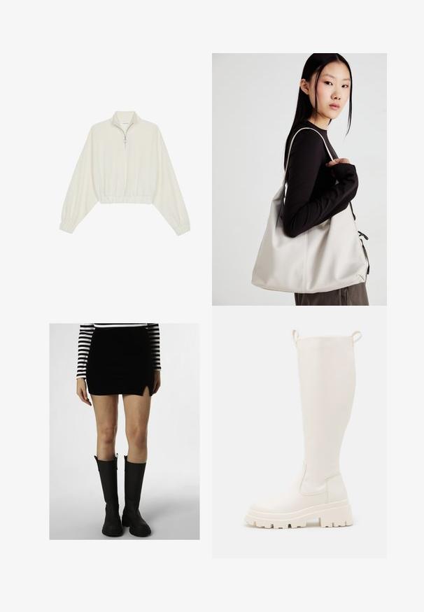 Kreminės spalvos trumpas megztinis, turintis aukštą apykaklę, pusiau užtrauktuką, elastinį apačią irRankovių kraštus, su lygiu paviršiumi ir minimalizuotu dizainu.; Juodas aksominis mini sijonas su šoniniu plyšiu, derinamas su juodais kelnių aukščio guminiais batus, turinčiais tekstūruotą apdailą ir kilpų akcentus. Juostuota ilgomis rankovėmis palaidinė.; Knee-high baltos gumines botai su giliu padu ir elastinėmis šoninėmis detalėmis. Viršuje yra kilpos, kad būtų lengviau užsitempti. Lygus paviršius.; Bežinė rankinė, pagaminta iš minkštos medžiagos, turinti laisvą dizainą, siuvinėtas detalės ir dvi petnešos. Tinkama kasdieniam naudojimui.
