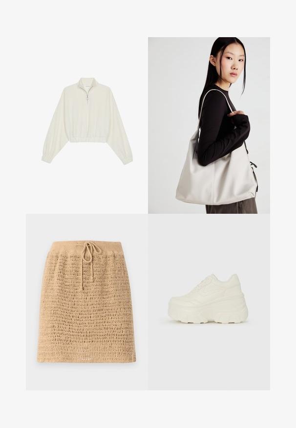 Kort genser i kremfarget stoff, med høy krage, halv glidelås, elastisk nederste kant og mansjetter, med en glatt tekstur og minimalistisk design.; Strikket beige skjørt med en teksturert, åpen vevdesign. Har strikk i midjen for justerbarhet. Nedre kant er rett.; Hvite plattformsnickers med en glatt læraktig overdel, avrundet form, polstret krage og teksturert gummisåle med tydelige dekk.; Beige håndveske laget av mykt materiale, med en slapp design, sydd detaljer og to skulderstropper. Passer for daglig bruk.