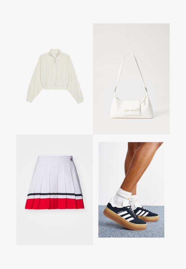 Zkrácený svetr z krémové látky, který má vysoký límec, poloviční zip, elastický spodní lem a manžety, hladkou texturu a minimalistický design.; Skládaná sukně z bílé látky s vodorovnými červenými a námořnickými pruhy na spodním lemu, se hladkým pasem a štítkem s logem.; Černé semišové tenisky s bílými pruhy a detaily, zaoblenou špičkou, podrážkou z gumy barvy žvýkačky, doplněné bílými žebrovanými ponožkami ke kotníkům.; Bílá syntetická kabelka v trojúhelníkovém tvaru, s plochým předním klopným víkem a detailem mašle, nastavitelným popruhem, hladkým povrchem a minimalistickým designem.