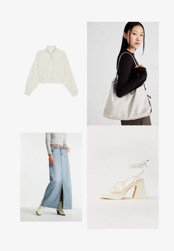 Sudadera cropped en tejido crema, con cuello alto, cierre de media cremallera, dobladillo y puños elásticos, con una textura suave y un diseño minimalista.; Falda larga de mezclilla azul claro con una abertura frontal, cintura alta y detalle de dobladillo con flecos, combinada con botas de tobillo blancas de tacón.; Sandalia de tacón alto blanca con un tacón grueso, que presenta un diseño de tiras y un lazo en el tobillo. Textura suave con una plataforma en la parte delantera para mayor altura.; Bolso de mano beige hecho de material suave, con un diseño holgado, detalles cosidos y dos asas. Adecuado para uso diario.
