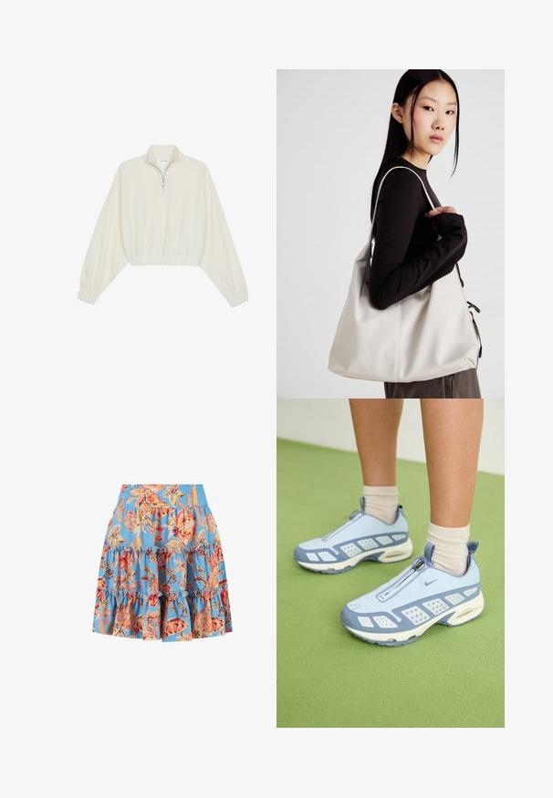 Kreminės spalvos trumpas megztinis, turintis aukštą apykaklę, pusiau užtrauktuką, elastinį apačią irRankovių kraštus, su lygiu paviršiumi ir minimalizuotu dizainu.; Mėlynos spalvos gėlių rašto kelnių sijonas su volanais ir elastinga juosmeniu. Spalvos apima oranžinę, geltoną ir juodas detales.; Šviesiai mėlynos sportinės batuokai su baltais akcentais, tekstūruotais paneliais ir užtrauktuku. Yra matoma oro amortizavimo padas ir guminis padas.; Bežinė rankinė, pagaminta iš minkštos medžiagos, turinti laisvą dizainą, siuvinėtas detalės ir dvi petnešos. Tinkama kasdieniam naudojimui.