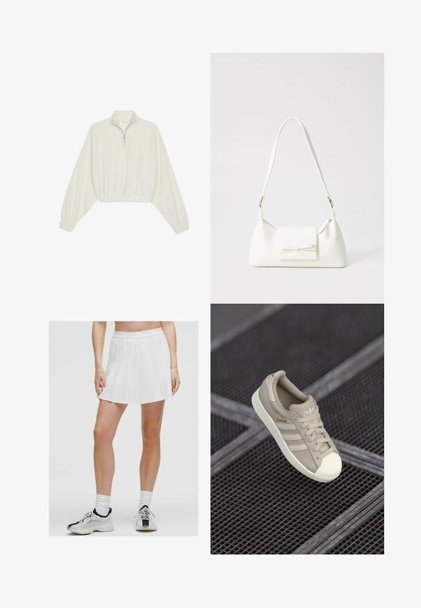 Kratka pulover v kremnem blagu, z visokim ovratnikom, pol-zadrgo, elastičnim robom in manšetami, z gladko teksturo in minimalističnim oblikovanjem.; Bela mini krila z gubami in širokim pasom, v kombinaciji s črnimi in belimi športnimi čevlji. Teksturna tkanina s ostrimi gubami.; Bežna Adidas Superstar teniska z teksturirano usnjeno zgornjico, tremi stranskimi črtami, okroglim kapom za prste ter logotipom na ježku in peti.; Bela sintetična torbica v obliki trikotnika, z ravnim sprednjim poklopcem in detajlom mašne, nastavljivim trakom, gladko teksturo in minimalističnim dizajnom.