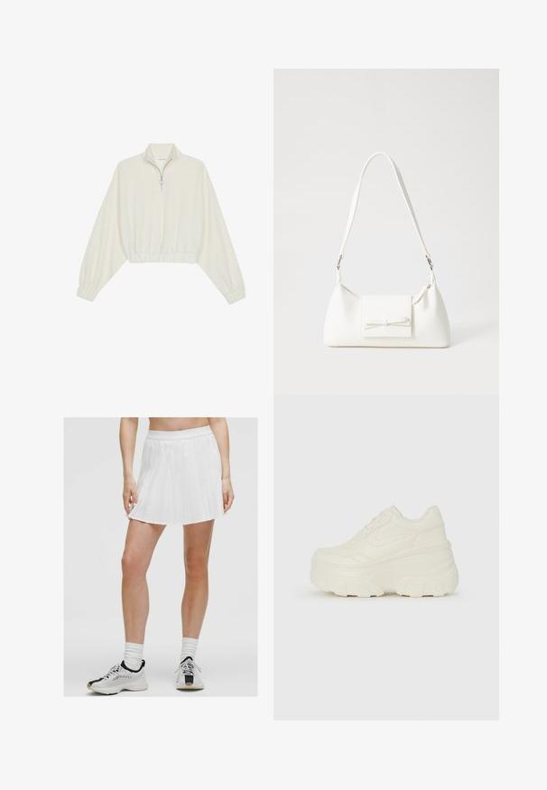 Kreemfarbenest lühikese varrukaga kudum, millel on kõrge kaelus, pool tõmblukk, elastne allosa ja varrukad, sile tekstuur ja minimaalne disain.; Valge plisseeritud mini-seelik, laiade vöökohtadega, koos mustade ja valgete spordijalatsitega. Tekstuuriga kangas ja teravad plisseeringud.; Valged platvormi tõusukingad, millel on siledast nahast meenutav pealis, ümar kuju, pehmendatud kaelus ja tekstureeritud kummitald koos selgete hüdrofoobsete mustritega.; Valge sünteetilisest materjalist kott kolmnurkse kujuga, lame esiklapiga ja kaaredetailiga, reguleeritava rihmaga, sileda tekstuuriga ja minimalistliku disainiga.