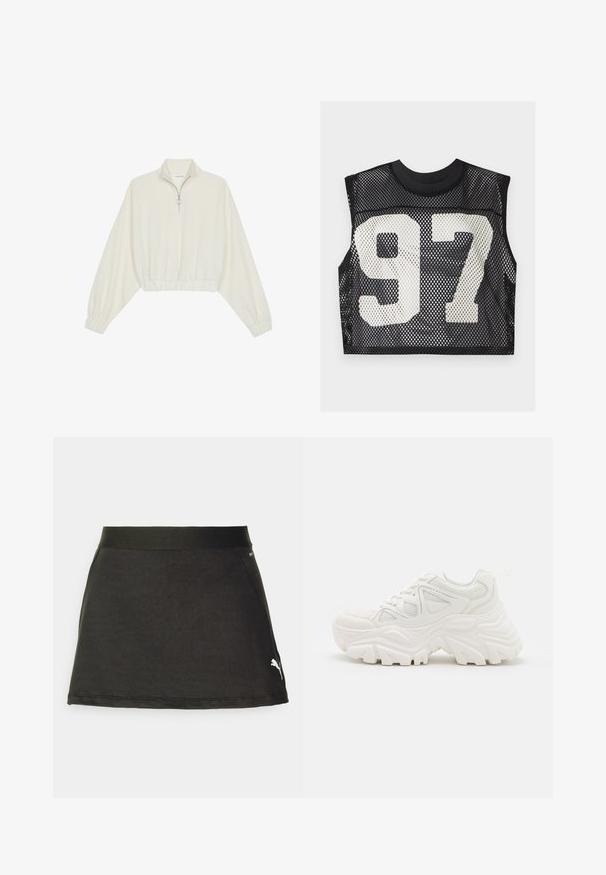 Cropped pullover in cream fabric, featuring a high collar, half-zip closure, elasticated hem and cuffs, with a smooth texture and minimal design.; Black mesh crop top featuring sleeveless design and a large white printed number "97" on the front. Textured, breathable material.; Black athletic skirt with an elastic waistband, made of smooth material. Features a side pocket and white Puma logo on the bottom right.; White chunky sneakers featuring a textured upper, mesh panels, and thick rubber soles with prominent tread pattern. Laces and pull tab included.