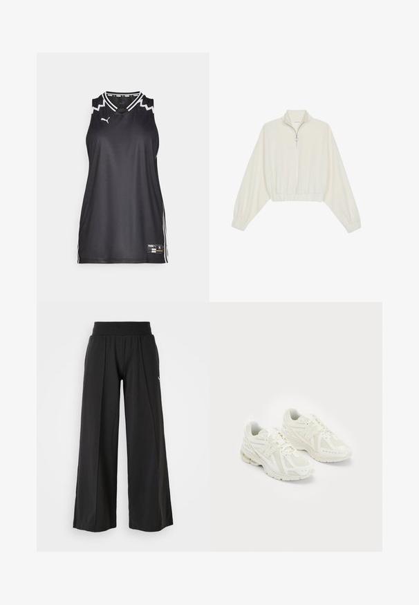 Pullover curto em tecido creme, apresentando um colarinho alto, fecho de meio zíper, bainha e punhos elásticos, com uma textura suave e design minimalista.; Top desportivo preto sem mangas com detalhes brancos, decote em V e riscas laterais. Logótipo da Puma no peito. Tecido suave, design leve.; Calças largas pretas com um tecido texturizado, cintura elástica e detalhe do logótipo PUMA. Design simples com um corte casual.; Ténis brancos desportivos com materiais em malha e sintéticos, design com atacadores, colarinho acolchoado e sola texturizada para melhor aderência. Construção leve.