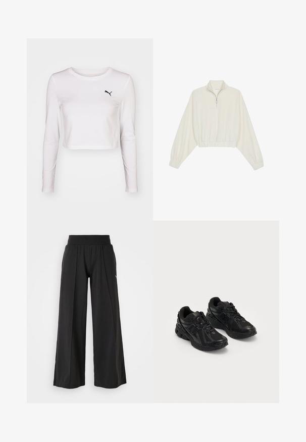 Kratka pulover v kremnem blagu, z visokim ovratnikom, pol-zadrgo, elastičnim robom in manšetami, z gladko teksturo in minimalističnim oblikovanjem.; Dolga majica s kratkimi rokavi iz belega bombaža s črnim logotipom Puma na levi strani prsnega koša. Gladka tekstura, okroglo ovratnik in prilegajoče rokave.; Črne hlače širokega kroja z teksturirano tkanino, elastičnim pasom in akcentom PUMA logotipa. Enostaven dizajn z vsakodnevnimi kroji.; Črne športne čevlje, izdelani iz mrežaste in sintetične tkanine. Imajo oblazinjen podplat, teksturirane vzorce in vtisnjeno blagovno znamko na strani.