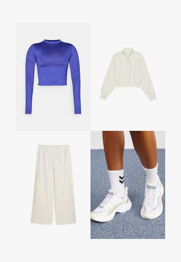 Cropped pullover in cream fabric, featuring a high collar, half-zip closure, elasticated hem and cuffs, with a smooth texture and minimal design.; Cropped long-sleeve top in bright purple, featuring a smooth, glossy texture, round neckline, and a subtle embroidered detail at the hem.; Beige wide-leg pants with an elastic waistband, side snap closures, and a small logo on the front. Made from a smooth, lightweight material.; White sneakers with silver accents, mesh material, and a chunky design. Paired with white socks featuring black chevron patterns.