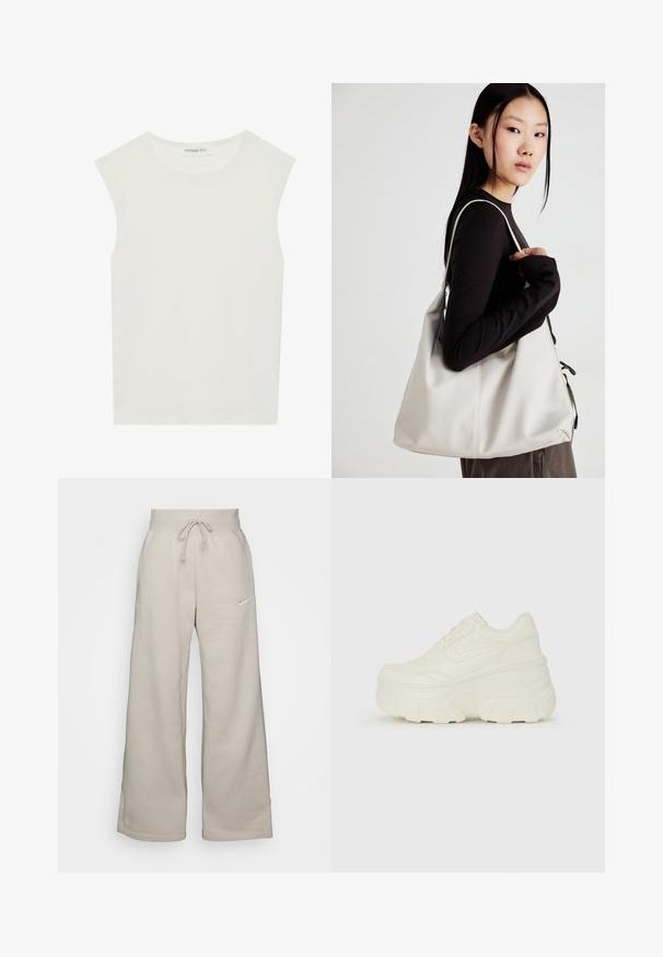 Kort striktrøje i cremefarvet stof med høj krave, halvlynlås, elastisk kant og manchetter, glat tekstur og minimalistisk design.; Hvid ærmeløs top med rund halsudskæring. Lavet af glat stof, har den en afslappet pasform og minimalistisk design. Ingen mønstre eller accenter.; Beige brede sweatpants lavet af blødt stof, med snoretræk i taljen og et lille hvidt logo på venstre side.; Hvide platform sneakers med en glat læderlignende overdel, rund form, polstret krave og struktureret gummisål med definerede riller.; Beige håndtaske lavet af blødt materiale med et slouchy design, stikninger og to skulderremme. Velegnet til daglig brug.