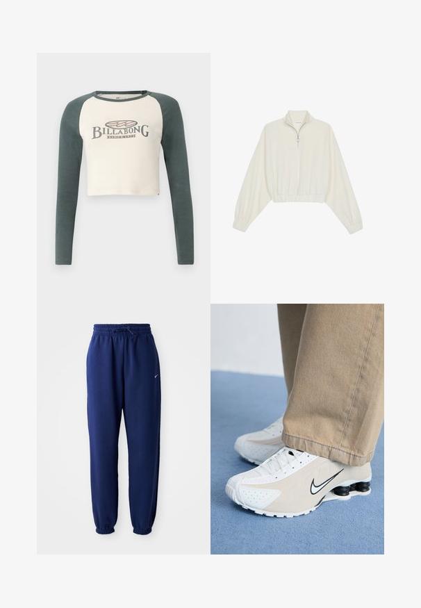 Zkrácený svetr z krémové látky, který má vysoký límec, poloviční zip, elastický spodní lem a manžety, hladkou texturu a minimalistický design.; Ustřižená košile s dlouhými rukávy a krémovým tělem, tmavě zelenými raglánovými rukávy. Na přední straně se nachází klasické logo Billabong.; Tmavě modré tepláky vyrobené z měkké látky, se elastickým pasem se šňůrkou, elastickými manžetami a malým bílým logem.; Bílé a béžové tenisky Nike s perforovaným designem, černým logem swoosh, texturovaným svrškem a charakteristickou pružnou černou patou.