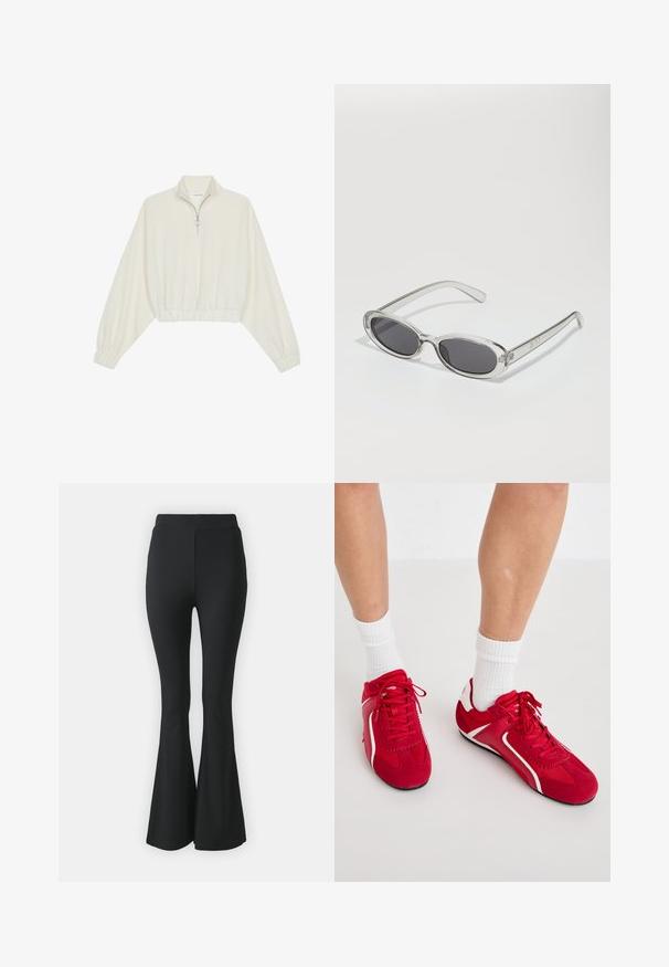Krém színű, rövidített pulóver, magas gallérral, félig cipzáros záródással, elasztikus derék- és ujjakrésszel, sima textúrával és minimalista dizájnnal.; Fekete, bővülő nadrág rugalmas anyagból. Magas derékkal és sima, testhezálló kialakítással rendelkezik, amely a térdtől lefelé bővül.; Vörös sportcipők fehér kiegészítőkkel, velúrból és hálós anyagból készült. Fűzős kialakítással és texturált talppal a jobb tapadás érdekében.; Ovális formájú napszemüveg, átlátszó műanyag keret, sötétszürke lencsék és vékony, átlátszó szárak, logóakkcentussal és minimális díszítéssel.