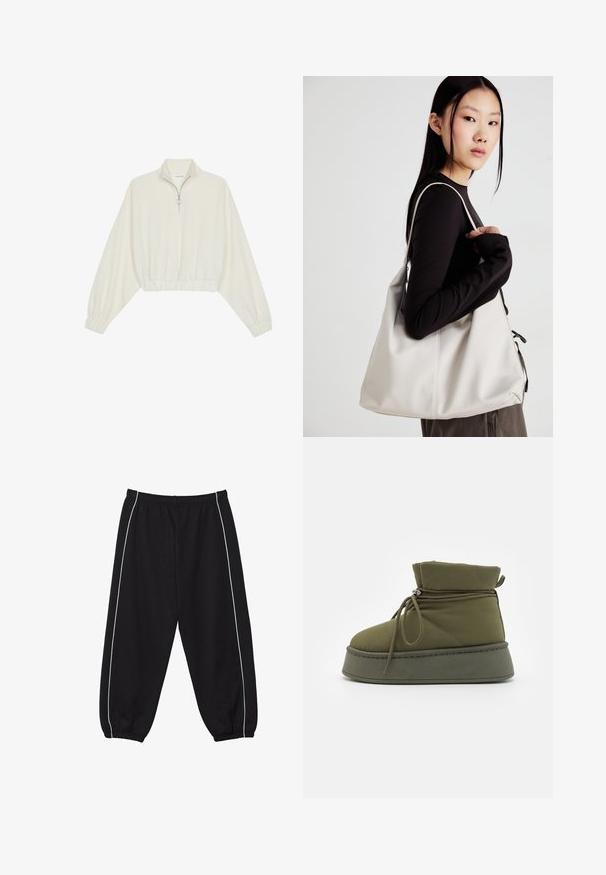 Skraćeni pulover od kremastog materijala, s visokim ovratnikom, zatvaranjem na polovicu munje, elastičnim rubom i manžetama, s glatkom teksturom i minimalnim dizajnom.; Crne trenirke od mješavine pamuka, s elastičnim pojasom i manžetama, s kontrastnim bijelim bočnim trakama. Opustit će se, labav kroj.; Maslinasto zeleni čizme do pola lista s podstavljenim materijalom i vezanjem na vezice, sa platformom i detaljima u obliku kviltanja.; Bežna torba od mekog materijala s opuštenim dizajnom, šivanim detaljima i dva remena za rame. Pogodna za svakodnevnu upotrebu.