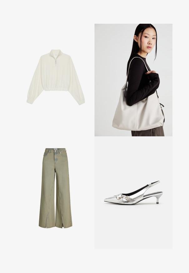 Zkrácený svetr z krémové látky, který má vysoký límec, poloviční zip, elastický spodní lem a manžety, hladkou texturu a minimalistický design.; Světle zelené široké džíny z denimu, s vysokým pasem, bočními rozparky a klasickým detaily kapes.; RAID JESINTA - Klasické lodičky - silver; Beige kabelka vyrobená z měkkého materiálu, s volným designem, prošívanými detaily a dvěma ramenními popruhy. Vhodná pro každodenní použití.