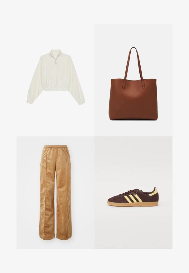 Pullover curto em tecido creme, apresentando um colarinho alto, fecho de meio zíper, bainha e punhos elásticos, com uma textura suave e design minimalista.; Calças largas em tom bege feitas de um material suave e aveludado. Apresentam uma cintura elástica e costuras verticais na frente para um detalhe adicional.; Sapatilha castanha com riscas amarelas, apresentando um cabedal texturizado e uma sola de borracha contrastante. Design com atacadores, colarinho e língua almofadados.; Bolsa tote de couro castanho com uma textura suave, design de abertura superior e duas alças para o ombro. Apresenta costura mínima e sem hardware visível.