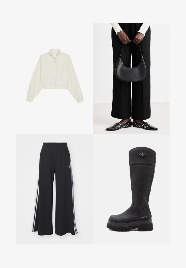 Kratka pulover v kremnem blagu, z visokim ovratnikom, pol-zadrgo, elastičnim robom in manšetami, z gladko teksturo in minimalističnim oblikovanjem.; Črne široke trenirke z elastičnim pasom, ki imajo bele stranske proge in vezeno logo na levi stegna.; Črne usnjene škornje do kolen s debelim podplatom, logo "Replay" blizu pete in na sprednjem delu, ter znamkasta črta, ki teče po hrbtu.; Črna usnjena torba za ramo z zaokroženo obliko, sijajno površino in srebrnimi dodatki. Oseba nosi črne široke hlače in loaferje s konicami.