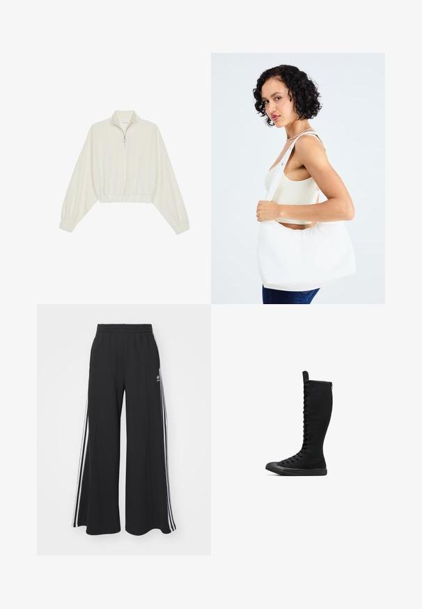Pulover scurt din stofă crem, cu guler înalt, închidere cu fermoar pe jumătate, elastic la margini și la manșete, cu o textură netedă și un design minimalist.; Pantaloni de trening negri cu croială largă, prevăzuți cu un brâu elastic, având dungi laterale albe și un logo brodat pe coapsa stângă.; Botine negre din pânză, cu vârf rotunjit, închidere cu fermoar și șireturi în față. Prezintă o suprafață texturată și talpă din cauciuc.; Geantă albă pentru umăr, realizată dintr-un material neted, cu o decupare ovală și un design cu bretele late. Simpatică și modernă, fără hardware vizibil.