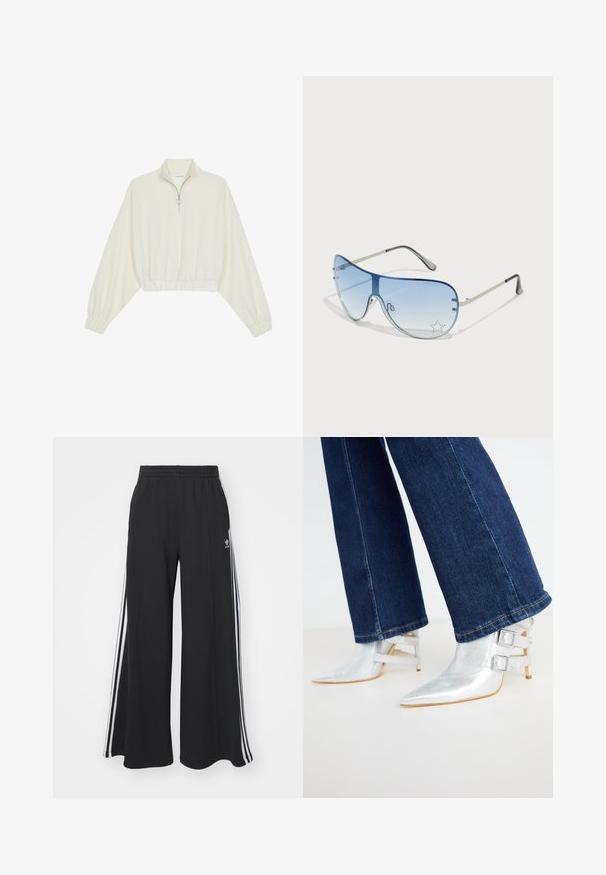 Pulover scurt din stofă crem, cu guler înalt, închidere cu fermoar pe jumătate, elastic la margini și la manșete, cu o textură netedă și un design minimalist.; Pantaloni de trening negri cu croială largă, prevăzuți cu un brâu elastic, având dungi laterale albe și un logo brodat pe coapsa stângă.; Bocanci metalici argintii, cu vârful ascuțit și două curele cu cataramă. Purtați cu blugi din denim de un albastru închis, ușor evazați.; Ochelari de soare aviator cu lentilă gradient albastră, ramă metalică argintie și accente decorative sub formă de stele pe lentilă. Design neted și elegant.