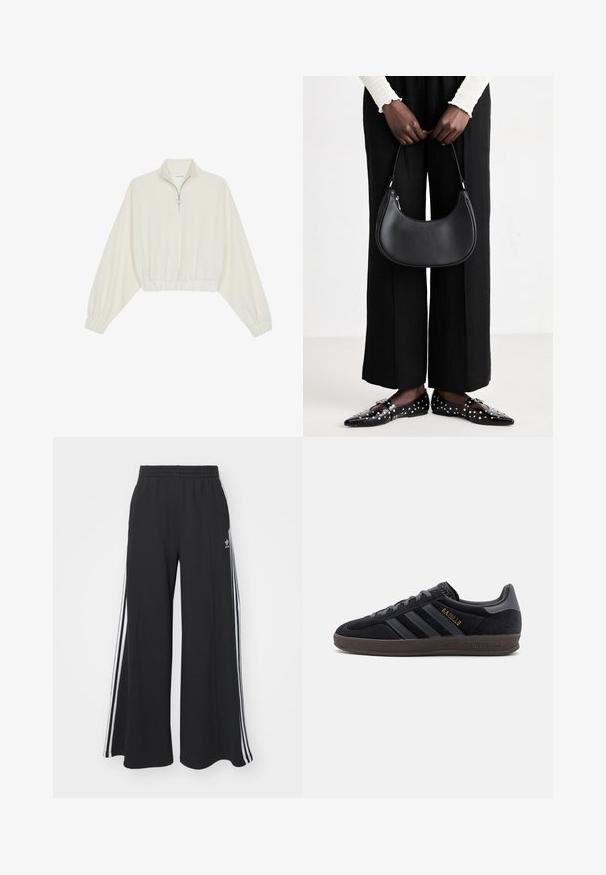 Pullover curto em tecido creme, apresentando um colarinho alto, fecho de meio zíper, bainha e punhos elásticos, com uma textura suave e design minimalista.; Calças de suor largas e pretas com uma cintura elástica, apresentando riscas brancas nas laterais e um logótipo bordado na coxa esquerda.; Sapatilhas em camurça preta com três riscas pretas, detalhes texturizados e uma sola de borracha escura. Detalhes em dourado na marcação 'Gazelle'.; Bolsa de ombro de couro preta com forma arredondada, acabamento brilhante e ferragens prateadas. Pessoa vestindo calças largas pretas e mocassins com tachas.