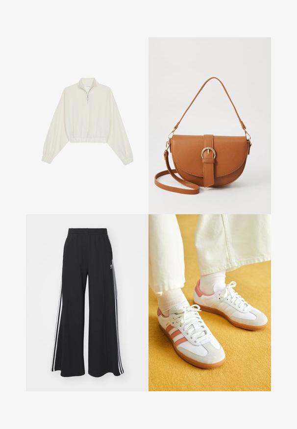Kort genser i kremfarget stoff, med høy krage, halv glidelås, elastisk nederste kant og mansjetter, med en glatt tekstur og minimalistisk design.; Svart vide joggebukser med elastisk midjebånd, med hvite sidestriper og brodert logo på venstre lår.; Hvite joggesko med rosa detaljer, laget av semsket skinn og lær, rund tå og gummisåle, vist sammen med lyse sokker på en gul bakgrunn.; Brun lærcrossbody-veske med en buet form, gullhardware og et spenneakcent. Har en avtakbar skulderreim.