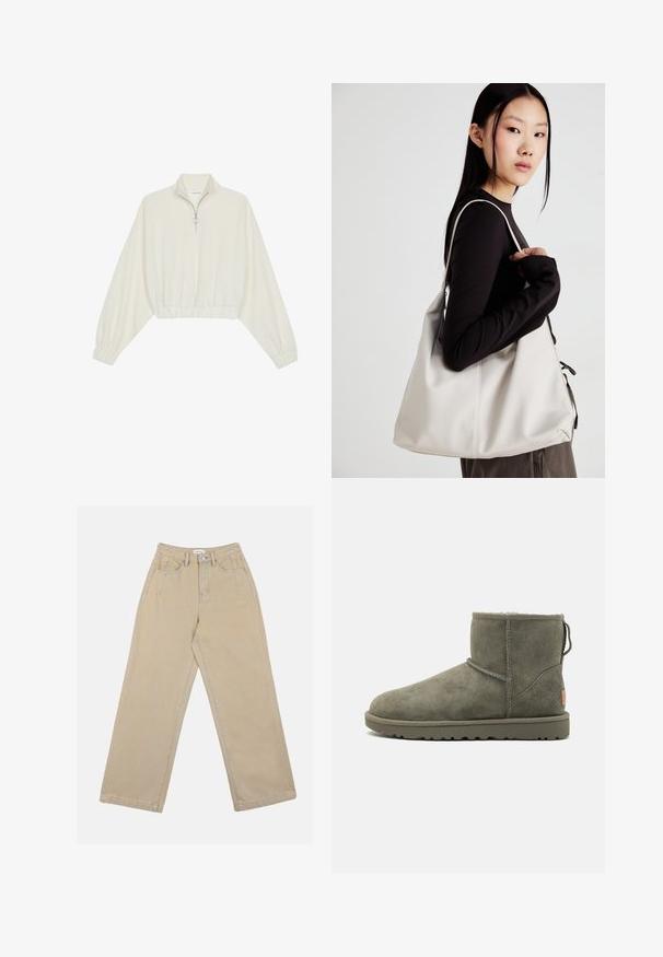 Pulover scurt din stofă crem, cu guler înalt, închidere cu fermoar pe jumătate, elastic la margini și la manșete, cu o textură netedă și un design minimalist.; Pantaloni largi bej din denim, având talie înaltă, buzunare frontale și cusături contrastante. Designul include un închizător cu nasture.; UGG CLASSIC MINI II - Cizme de iarnă - moss green; Geantă bej din material moale, cu un design lejer, detalii cusute și două bretele pentru umăr. Potrivită pentru utilizarea zilnică.