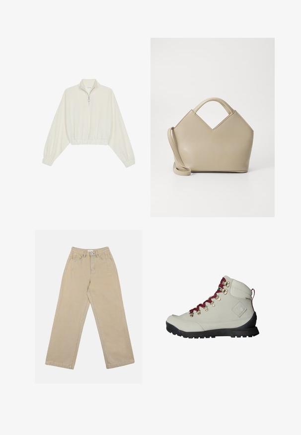 Kratka pulover v kremnem blagu, z visokim ovratnikom, pol-zadrgo, elastičnim robom in manšetami, z gladko teksturo in minimalističnim oblikovanjem.; Bež hlače širokega kroja iz denima, ki imajo visok pas, sprednje žepke in kontrastno šivano obrobo. Oblikovanje vključuje gumbasto zapiranje.; Beige pohodni čevlji z rdečimi vezalkami, kovinskimi ušesi in teksturirano površino. Imajo trden črn podplat in izrazit logotip na strani.; Bežna strukturirana torbica s V-oblikovanim vrhom, iz gladke usnjene tkanine, s kratkimi ročaji in dolgim, nastavljivim trakom. Minimalističen dizajn.