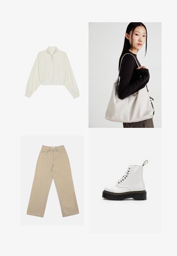 Skórzany pulower w kolorze kremowym, z wysokim kołnierzem, półzamkiem, elastycznym wykończeniem u dołu i mankietami, o gładkiej teksturze i minimalistycznym designie.; Beżowe spodnie typu wide-leg z denimu, z wysokim stanem, przednimi kieszeniami i kontrastującymi szwami. Projekt zawiera zapięcie na guzik.; Białe skórzane botki za kostkę z okrągłym noskiem, czarną masywną podeszwą, akcentami w żółtym kolorze szwów oraz sześcioma oczkami do sznurowania. Pętelka u pięty.; Beżowa torebka wykonana z miękkiego materiału, charakteryzująca się luźnym fasonem, wyszywanymi detalami i dwoma uchwytami na ramię. Idealna na co dzień.