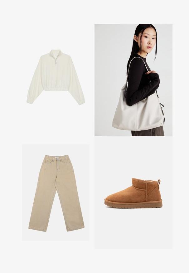 Cropped pullover in cream fabric, featuring a high collar, half-zip closure, elasticated hem and cuffs, with a smooth texture and minimal design.; Beige wide-leg pants made of denim, featuring a high waist, front pockets, and contrasting stitching. The design includes a button closure.; Call it Spring JAMIELEE - Winter boots - camel; Beige handbag made of soft material, featuring a slouchy design, stitched detailing, and two shoulder straps. Suitable for everyday use.