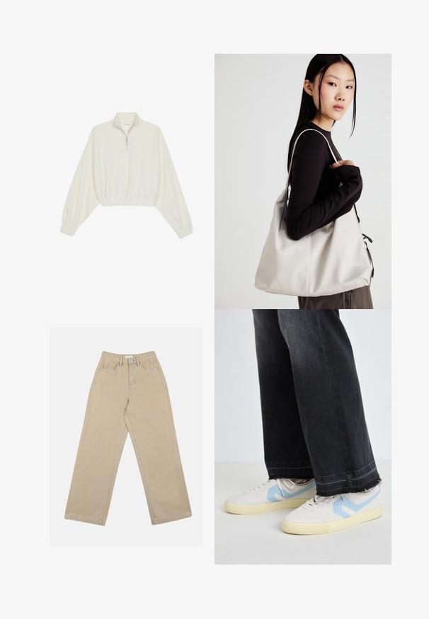 Kort genser i kremfarget stoff, med høy krage, halv glidelås, elastisk nederste kant og mansjetter, med en glatt tekstur og minimalistisk design.; Beige vide bukser laget av denim, med høy liv, frontlommer og kontraststing. Designet inkluderer knappelukking.; Hvite sneakers med lyseblå detaljer, teksturert semsket skinn og gummisåler, kombinert med utslitte svarte jeans som har en bred ben design.; Beige håndveske laget av mykt materiale, med en slapp design, sydd detaljer og to skulderstropper. Passer for daglig bruk.