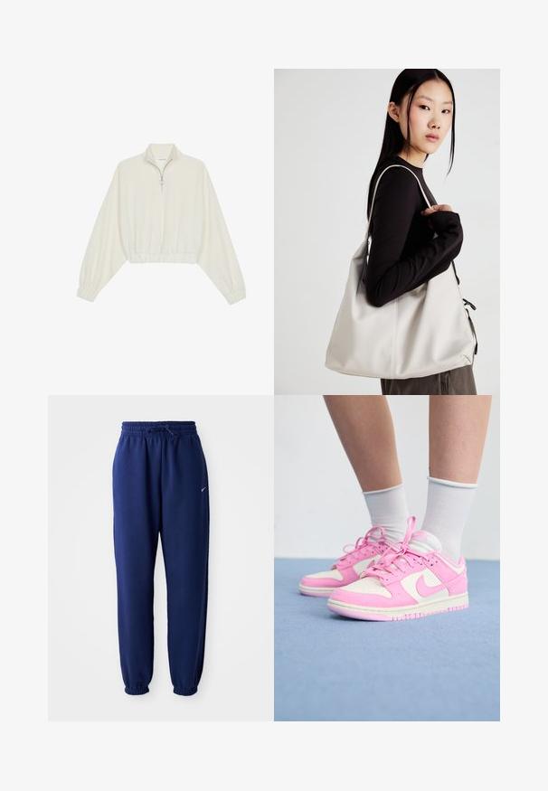 Pullover curto em tecido creme, apresentando um colarinho alto, fecho de meio zíper, bainha e punhos elásticos, com uma textura suave e design minimalista.; Calças de fato de treino azul marinho feitas de um tecido suave, com uma cintura elástica com cordão, punhos elásticos e um pequeno logótipo branco.; Tenis cor-de-rosa e brancos com uma mistura de materiais em camurça e malha, com atacadores redondos, logo lateral e uma sola acolchoada. Acentos texturizados em rosa.; Uma bolsa bege feita de material macio, com um design descontraído, detalhes de costura e duas alças para o ombro. Adequada para uso diário.