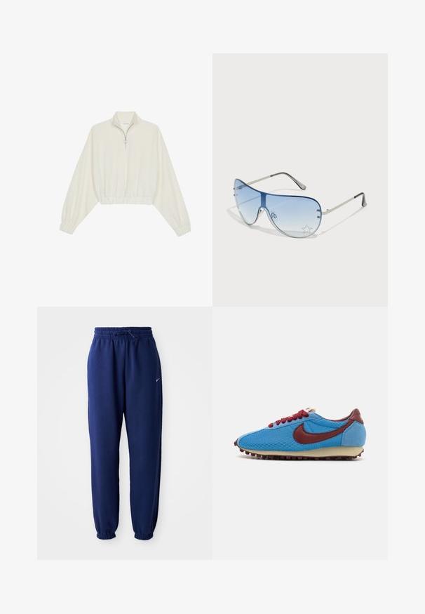 Cropped pullover in cream fabric, featuring a high collar, half-zip closure, elasticated hem and cuffs, with a smooth texture and minimal design.; Navy blue sweatpants made of soft fabric, featuring an elastic waistband with drawstring, elastic cuffs, and a small white logo.; Blue mesh and suede sneaker with maroon accents and laces. Features a textured upper and a cream rubber sole with small studs.; Aviator sunglasses featuring a gradient blue lens, silver metal frame, and decorative star accents on the lens. Smooth and sleek design.