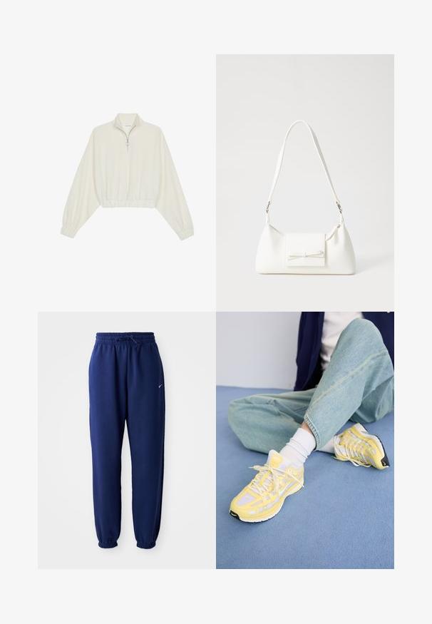 Skraćeni pulover od kremastog materijala, s visokim ovratnikom, zatvaranjem na polovicu munje, elastičnim rubom i manžetama, s glatkom teksturom i minimalnim dizajnom.; Mornarsko plave trenirke od mekog materijala, s elastičnom strukom i vezicom, elastičnim rukavima i malim bijelim logotipom.; Žute sportske tenisice s mrežastim i sintetičkim prekrivačima, sa bijelim vezicama, crnim potplatima i prepoznatljivim logotipom na jeziku.; Bijela sintetička torbica s trokutastim oblikom, ravnim prednjim poklopcem i detaljem u obliku mašne, podesivom remenom, glatkom teksturom i minimalističkim dizajnom.