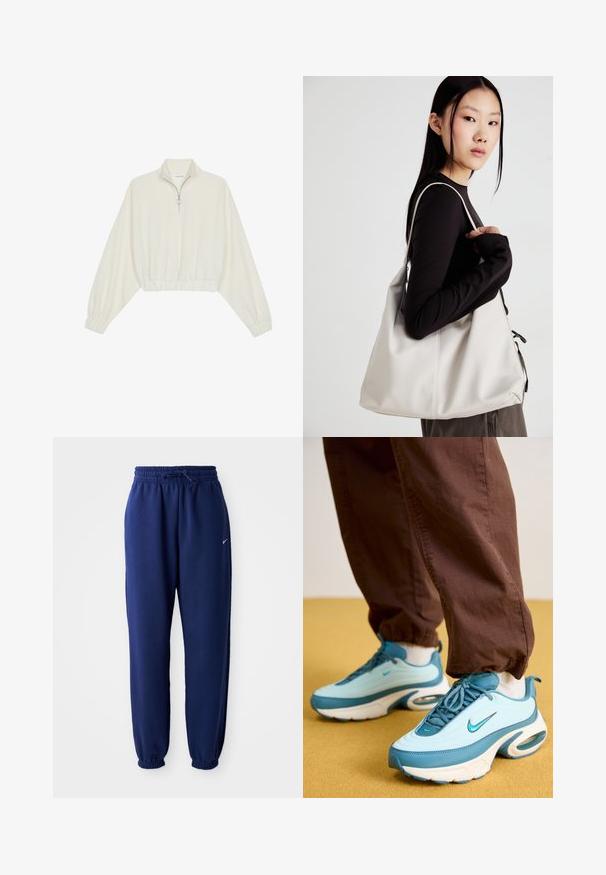 Krém színű, rövidített pulóver, magas gallérral, félig cipzáros záródással, elasztikus derék- és ujjakrésszel, sima textúrával és minimalista dizájnnal.; Navy kék sportnadrág puha anyagból, elasztikus derékpánttal és zsinórral, elasztikus mandzsettákkal és egy kis fehér logóval.; Nike Sportswear AIR MAX PORTAL - Sportcipő - smokey blue/dusty cactus/glacier blue/sail; Puha anyagból készült bézs kézitáska, laza dizájnnal, varrott részletekkel és két vállpánttal. Mindennapi használatra alkalmas.
