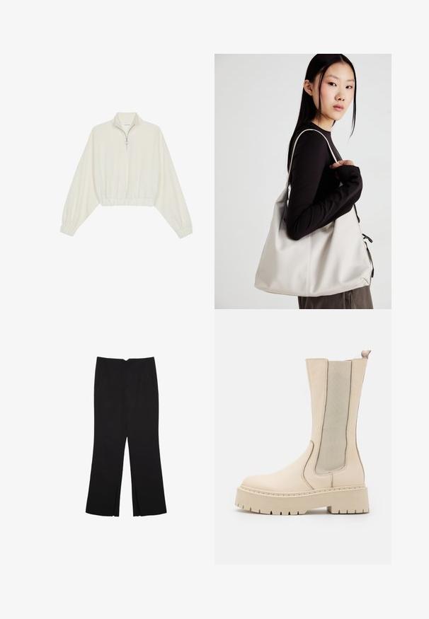 Pullover accorciato in tessuto crema, con colletto alto, chiusura a zip parziale, orlo e polsini elasticizzati, dalla texture liscia e design minimal.; Pantaloni neri a gamba dritta, con tasche frontali e spacchi laterali all'orlo. Realizzati in tessuto morbido e liscio. Adatti a diverse occasioni.; Stivaletti beige che presentano un corpo in pelle texturizzata, pannelli laterali elastici e una suola con piattaforma spessa dotata di un design a battistrada robusto.; Borsa a mano beige realizzata in materiale morbido, caratterizzata da un design morbido, dettagli cuciti e due manici. Adatta per l'uso quotidiano.