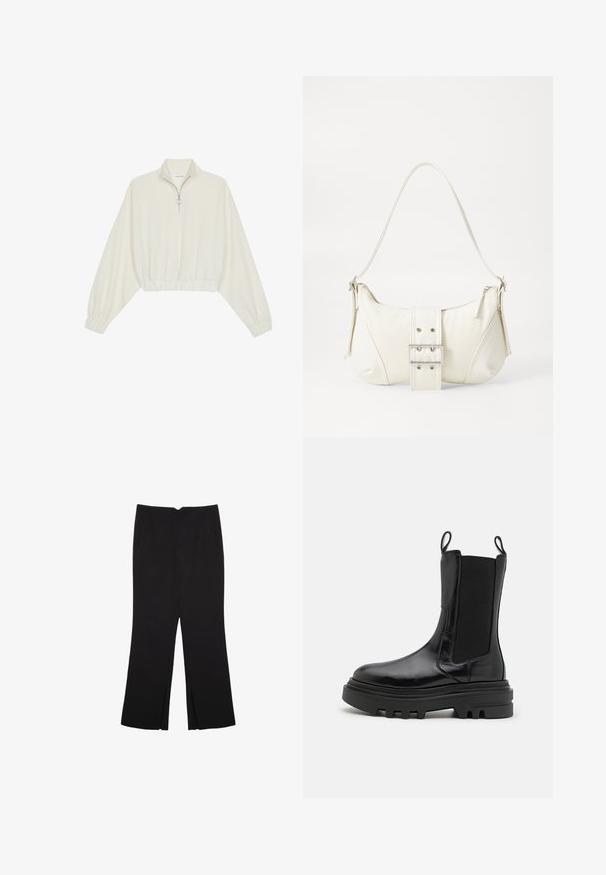 Skórzany pulower w kolorze kremowym, z wysokim kołnierzem, półzamkiem, elastycznym wykończeniem u dołu i mankietami, o gładkiej teksturze i minimalistycznym designie.; Czarne spodnie o prostym kroju, z przednimi kieszeniami i bocznymi rozcięciami na dole. Wykonane z miękkiego, gładkiego materiału. Odpowiednie na różne okazje.; Czarne botki za kostkę z błyszczącej skóry, z elastycznymi bocznymi panelami, uchwytami oraz grubą, teksturowaną gumową podeszwą. Masywna konstrukcja, smukła sylwetka.; Biała torebka na ramię o fakturowanym wykończeniu, z centralnym akcentem w postaci klamry i zaokrąglonym kształcie. Zapięcia na zamek błyskawiczny po obu stronach.