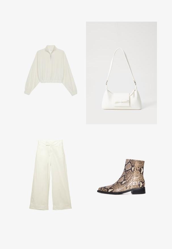 Skraćeni pulover od kremastog materijala, s visokim ovratnikom, zatvaranjem na polovicu munje, elastičnim rubom i manžetama, s glatkom teksturom i minimalnim dizajnom.; Široke hlače od meke, kremaste tkanine. Imaju ravni pojas s prednje strane i roll-up rubove. Glatka tekstura s čistim, minimalističkim dizajnom.; Ankletske čizme od zmijskog uzorka sa špicastim nosom, sa sjajnim finišem, neutralnim bež i smeškim bojama, niskom crnom potpeticom i teksturiranim uzorkom.; Bijela sintetička torbica s trokutastim oblikom, ravnim prednjim poklopcem i detaljem u obliku mašne, podesivom remenom, glatkom teksturom i minimalističkim dizajnom.