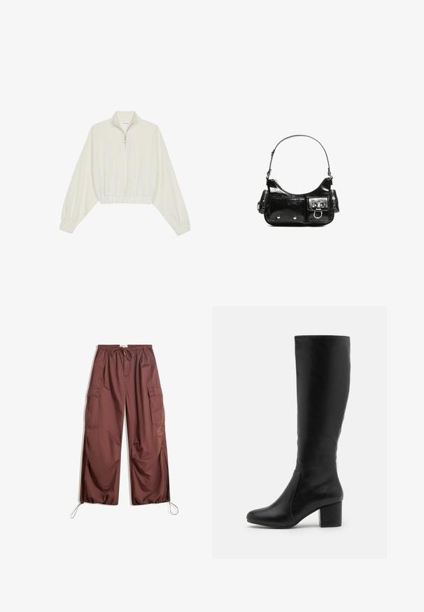 Zkrácený svetr z krémové látky, který má vysoký límec, poloviční zip, elastický spodní lem a manžety, hladkou texturu a minimalistický design.; Široké hnědé cargo kalhoty s elastickým pasem, stahovací šňůrkou, velkými bočními kapsami a nastavitelnými šňůrkami na kotnících.; Černé kožené boty do výšky kolen s hladkým povrchem, zaoblenou špičkou, bočním panelem a robustním blokovým podpatkem.; Černá lakovaná kožená kabelka s křivkovým tvarem, jedním ramenním popruhem, předními kapsami a stříbrnými kovovými detaily.