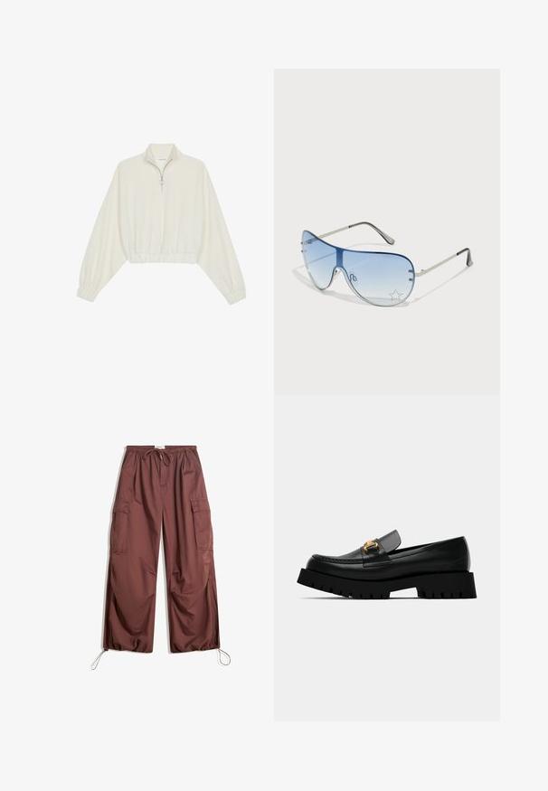 Krém színű, rövidített pulóver, magas gallérral, félig cipzáros záródással, elasztikus derék- és ujjakrésszel, sima textúrával és minimalista dizájnnal.; Széles lábú barna cargo nadrág rugalmas derékmentével, húzózsinórral, nagy oldalzsebekkel és állítható bokakötőkkel.; Fekete bőr loafer darab vastag fekete talppal és arany csatokkal az elején. Az orron varrás található, és elegáns dizájn jellemzi.; Pilóta napszemüveg, melynek áttetsző kék lencséje, ezüst fém kerete és díszes csillag díszítések találhatók a lencsén. Simogató és elegáns dizájn.