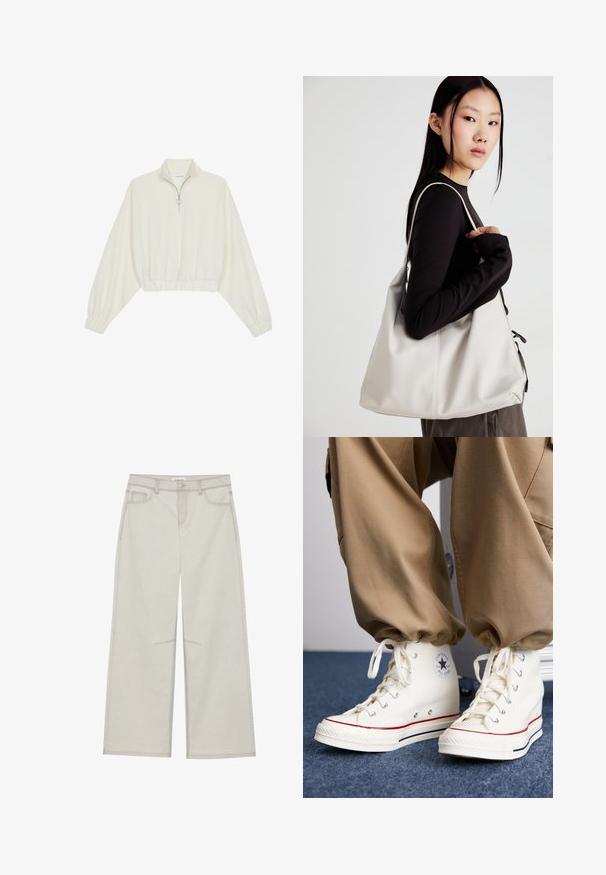 Kreemfarbenest lühikese varrukaga kudum, millel on kõrge kaelus, pool tõmblukk, elastne allosa ja varrukad, sile tekstuur ja minimaalne disain.; Heledad hall-gajused püksid, viie taskuga, ette nööpidega kinnitamine ja kontrastne õmblus. Kangas paistab pehme ja vastupidav.; Valged kõrge pealsega tenniseketsid, mis on valmistatud kanvasest ja millel on kummist põhi, musta tähe logoga ning punaste ja tumesiniste triipudega aktsentidega.; Bež käekott pehme materjali, millel on lõtv disain, õmblustega detailid ja kaks õlarihma. Sobib igapäevaseks kasutamiseks.