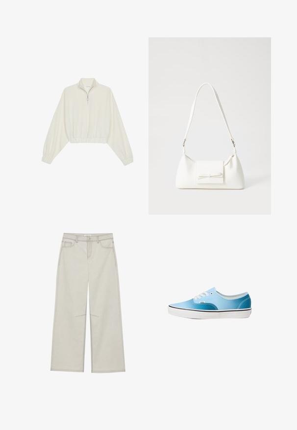 Cropped pullover in cream fabric, featuring a high collar, half-zip closure, elasticated hem and cuffs, with a smooth texture and minimal design.; Light gray wide-leg pants with five pockets, front button closure, and contrast stitching along seams. Fabric appears soft and durable.; Vans AUTHENTIC - Trainers - blue coral gradient; White synthetic handbag with a triangular shape, flat front flap and bow detail, adjustable strap, smooth texture, and minimalistic design.