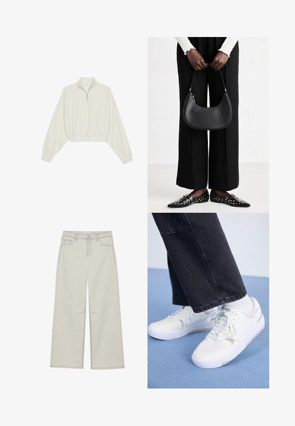 Kort genser i kremfarget stoff, med høy krage, halv glidelås, elastisk nederste kant og mansjetter, med en glatt tekstur og minimalistisk design.; Lys grå vide bukser med fem lommer, frontknaplukning og kontrastsying langs sømmene. Stoffet ser blødt og holdbart ud.; Hvite sneakers med rosa detaljer, glatt læroverdel, rund tå og snøring foran, sammen med sorte denimbukser, hvilende på en blå overflate.; Svart skinn skulderveske med en avrundet form, glanset overflate og sølvfargede detaljer. Person iført sorte vide bukser og naglede loafers.