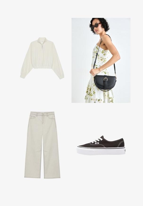 Krém színű, rövidített pulóver, magas gallérral, félig cipzáros záródással, elasztikus derék- és ujjakrésszel, sima textúrával és minimalista dizájnnal.; Világosszürke, bő szárú nadrág, öt zsebbel, elülső gombos záródással és kontrasztos varrással a varrások mentén. Az anyag puhanak és tartósnak tűnik.; Vans AUTHENTIC PLATFORM 2.0 - Sportcipő - black; Fekete bőrtáska ívelt formával, levehető pánttal és arany színű fémrészekkel. A táskán egy csattal díszített fedél található.