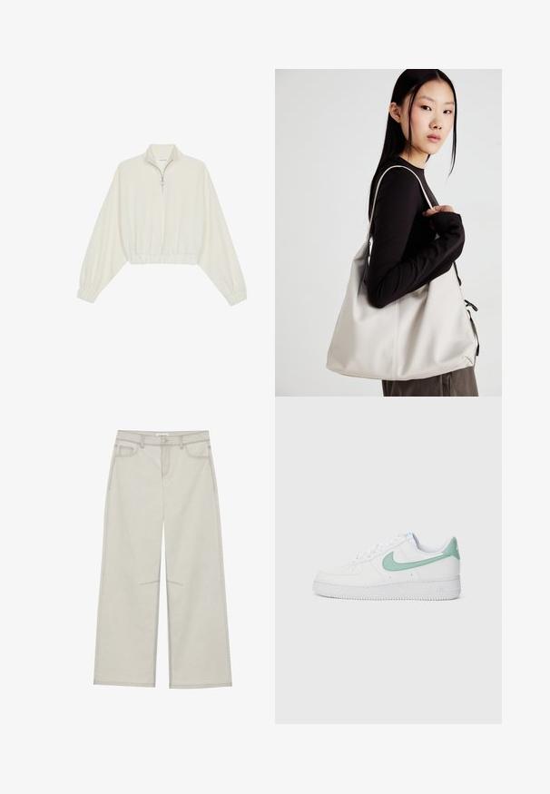 Kreemfarbenest lühikese varrukaga kudum, millel on kõrge kaelus, pool tõmblukk, elastne allosa ja varrukad, sile tekstuur ja minimaalne disain.; Heledad hall-gajused püksid, viie taskuga, ette nööpidega kinnitamine ja kontrastne õmblus. Kangas paistab pehme ja vastupidav.; Valge nahk-sneaker, millel on mündiroheline Nike swoosh ja kandetab, tekstureeritud tallad ning klassikaline nööpimise disain.; Bež käekott pehme materjali, millel on lõtv disain, õmblustega detailid ja kaks õlarihma. Sobib igapäevaseks kasutamiseks.
