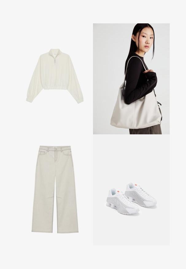 Kreptais pusītes džemperis krēmkrāsā, ar augstu apkakli, puszipa aizdari, elastīgu apakšmalu un aprocēm, ar gludu tekstūru un minimālistisku dizainu.; Gaiši pelēkas platās bikses ar piecām kabatām, priekšējo pogu aizdari un kontrastējošiem šuvju ieliktņiem. Audums izskatās mīksts un izturīgs.; Baltas sporta apavi ar pelēkiem akcentiem, ar teksturētu augšdaļu, perforācijām ventilācijai un segmentētu papēdi amortizācijai.; Bežs rokassoma, izgatavota no mīksta materiāla, ar brīvu dizainu, izšūtu apdari un divām plecu siksnām. Piemērota ikdienas lietošanai.