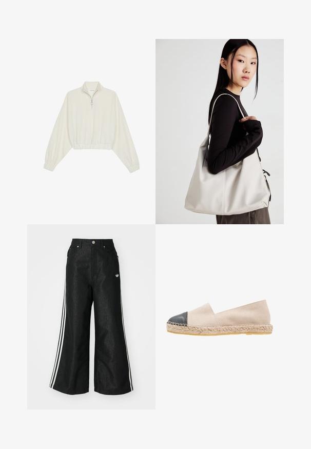 Sudadera cropped en tejido crema, con cuello alto, cierre de media cremallera, dobladillo y puños elásticos, con una textura suave y un diseño minimalista.; Pantalones de denim anchos y negros con tres franjas blancas en cada lado y un pequeño logo blanco. Cuenta con bolsillos frontales y un cierre de botón.; Espadrille de ante beige con punta en cuero negro, suela de yute trenzado y un diseño simple de fácil colocación. Textura suave y ligero.; Bolso de mano beige hecho de material suave, con un diseño holgado, detalles cosidos y dos asas. Adecuado para uso diario.