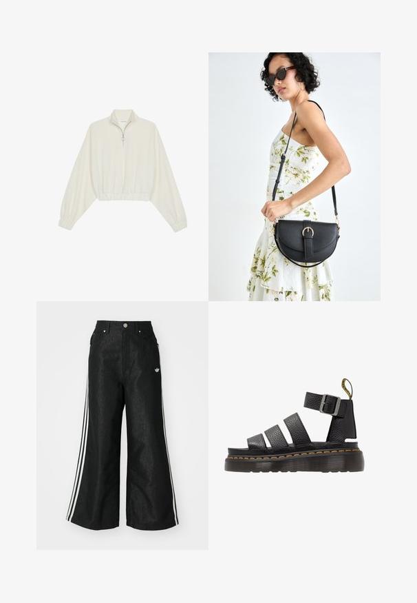 Kort genser i kremfarget stoff, med høy krage, halv glidelås, elastisk nederste kant og mansjetter, med en glatt tekstur og minimalistisk design.; Sorte vide benbukser med tre hvite striper på hver side og en liten hvit logo. Har frontlommer og knappelukking.; Sorte lær sandaler med tre brede stropper, justerbar metal spænde, tyk struktureret sål og orange syninger langs kanten.; Svart lærveske med en buet form, avtagbar stropp og gullbeslag. Vesken har et klaff med spenne-detall.